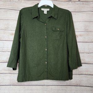Norton McNaughton Button Up Shirt Women's Size 12 Green 3/4 Sleeve Linen Blend